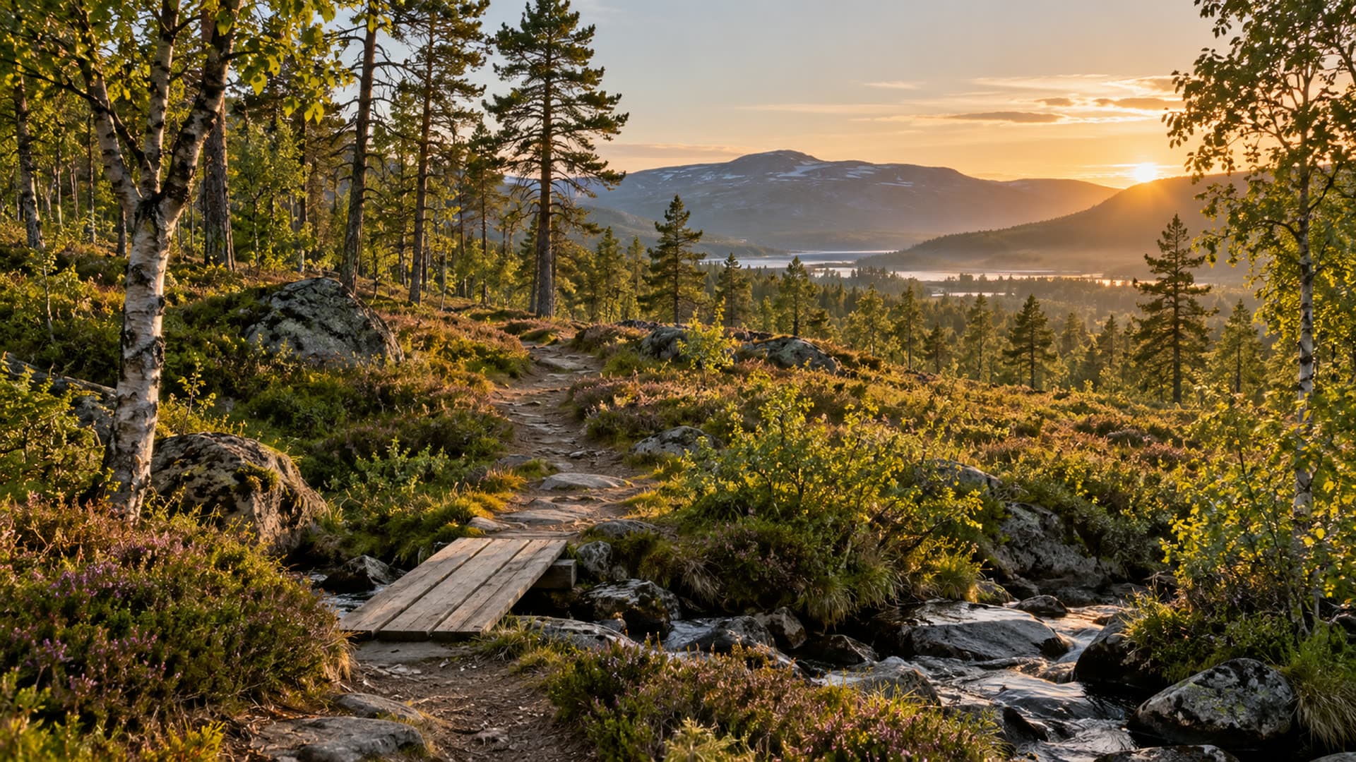 Smal vandringsstig genom björkskog mot ett snöfläckigt fjäll i kvällsljus
